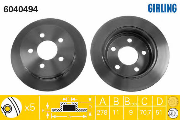 Girling 6040494 Rear brake disc, non-ventilated 6040494