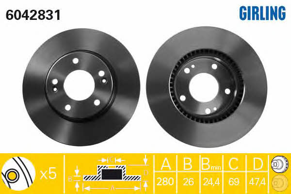 Girling 6042831 Front brake disc ventilated 6042831