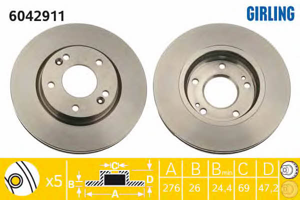 Girling 6042911 Front brake disc ventilated 6042911