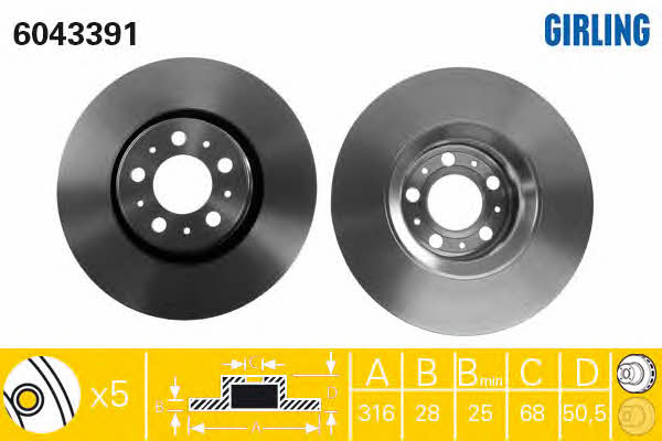 Girling 6043391 Front brake disc ventilated 6043391