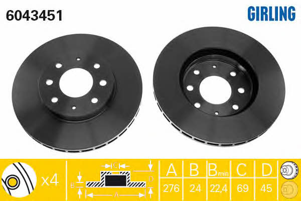 Girling 6043451 Front brake disc ventilated 6043451