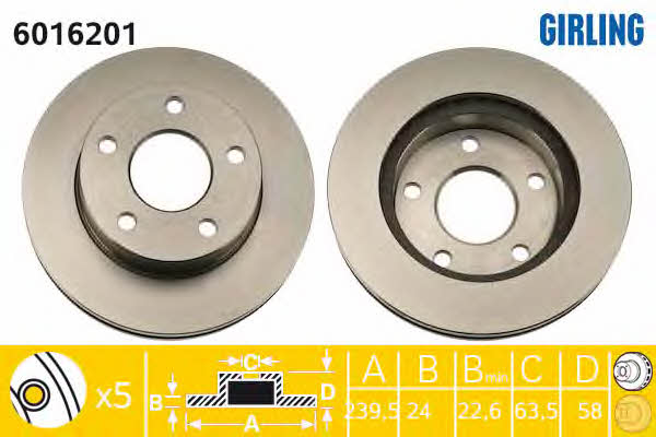 Girling 6016201 Front brake disc ventilated 6016201