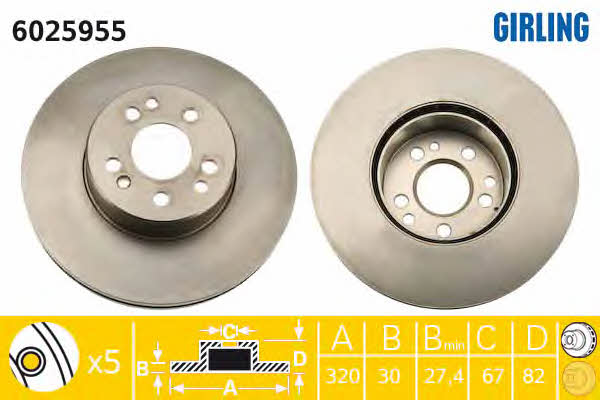 Girling 6025955 Front brake disc ventilated 6025955