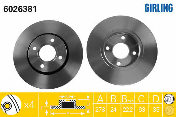 Girling 6026381 Front brake disc ventilated 6026381