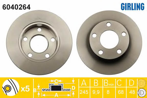 Girling 6040264 Rear brake disc, non-ventilated 6040264