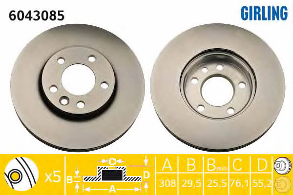 Girling 6043085 Front brake disc ventilated 6043085