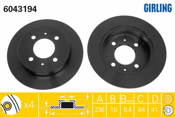 Girling 6043194 Rear brake disc, non-ventilated 6043194