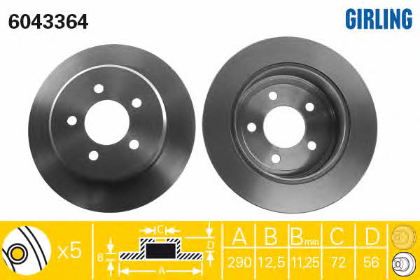 Girling 6043364 Rear brake disc, non-ventilated 6043364