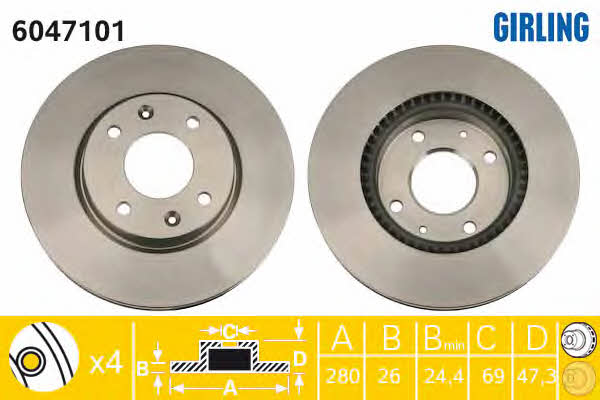 Girling 6047101 Front brake disc ventilated 6047101