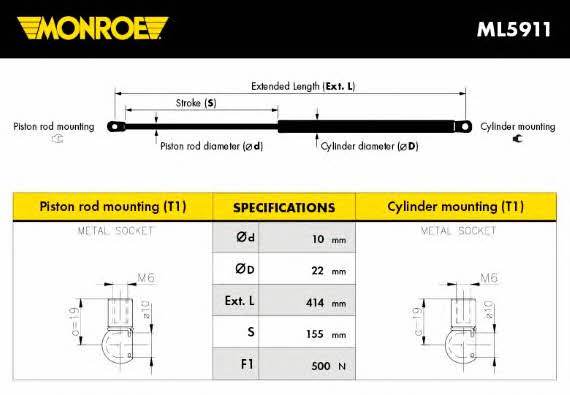 Monroe ML5911 Gas Spring, boot-/cargo area ML5911