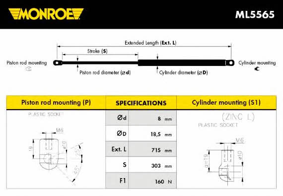 Monroe ML5565 Hood shock absorber ML5565 ML5565 Monroe Hood shock absorber