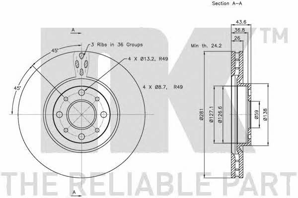 NK 312344 Front brake disc ventilated 312344