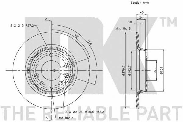 NK 313246 Rear brake disc, non-ventilated 313246