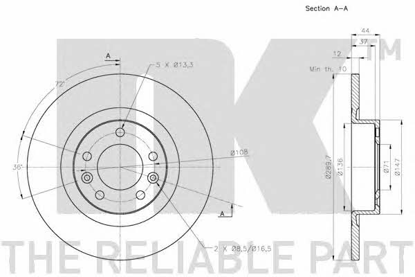 NK 313744 Rear brake disc, non-ventilated 313744
