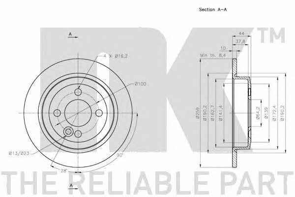 NK 314036 Rear brake disc, non-ventilated 314036