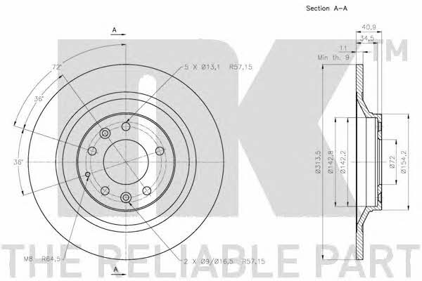 NK 313265 Rear brake disc, non-ventilated 313265