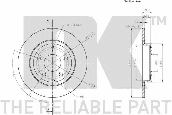 NK 313280 Rear brake disc, non-ventilated 313280