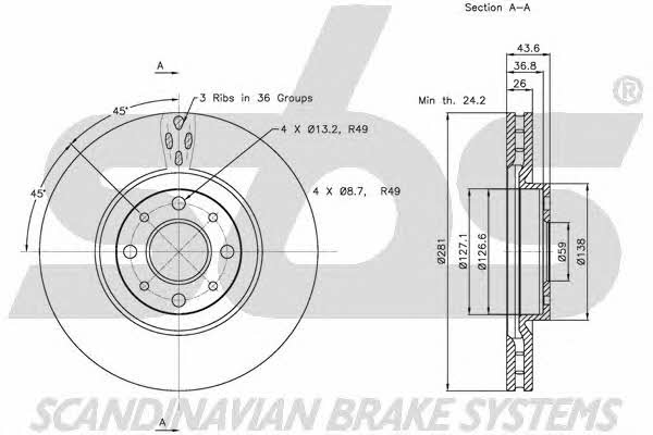 SBS 1815202344 Front brake disc ventilated 1815202344