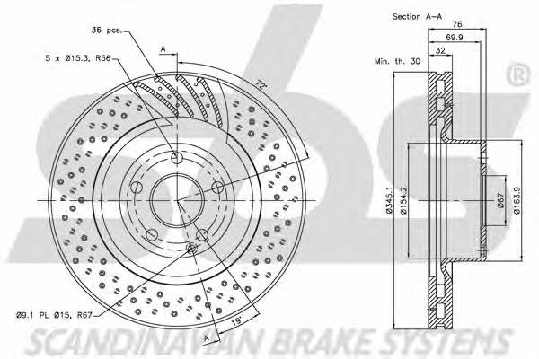 SBS 1815203380 Front brake disc ventilated 1815203380