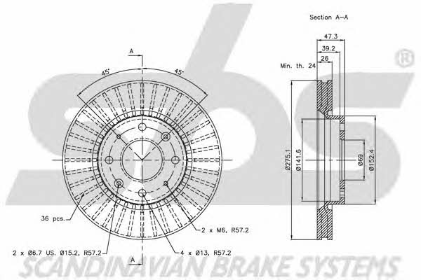 SBS 1815203512 Front brake disc ventilated 1815203512