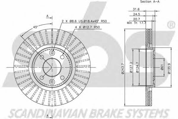 SBS 1815203925 Front brake disc ventilated 1815203925