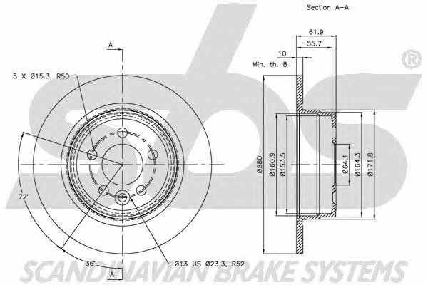 SBS 1815204018 Rear brake disc, non-ventilated 1815204018