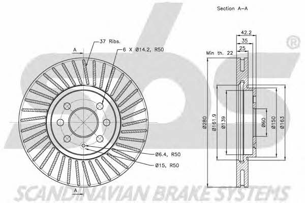 SBS 1815203652 Front brake disc ventilated 1815203652