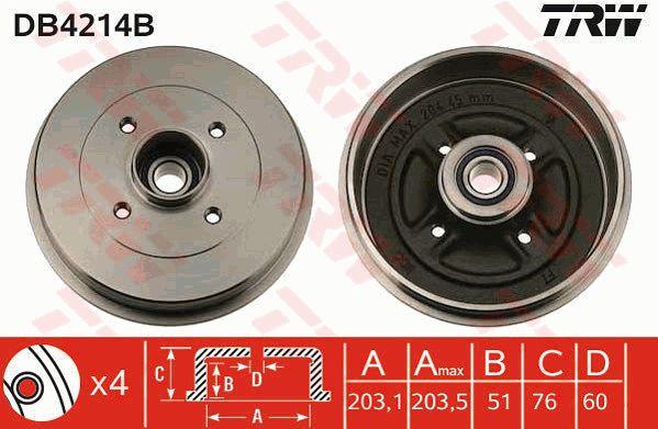 TRW DB4214B Brake drum with wheel bearing, assy DB4214B