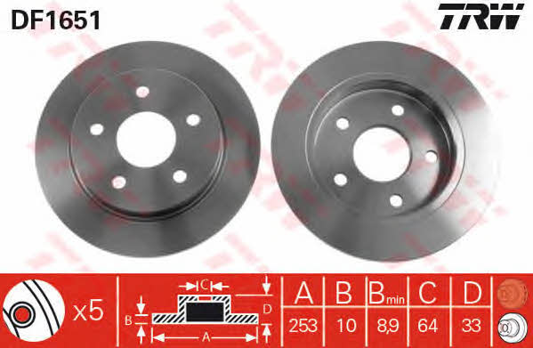 Rear brake disc, non-ventilated TRW DF1651