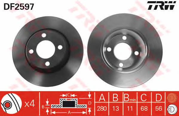 TRW DF2597 Unventilated front brake disc DF2597