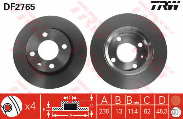 TRW DF2765 Unventilated front brake disc DF2765