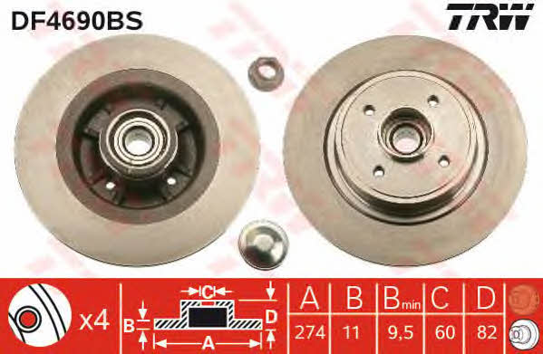 TRW DF4690BS Rear brake disc, non-ventilated DF4690BS