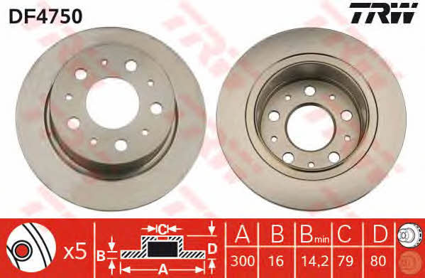 TRW DF4750 Rear brake disc, non-ventilated DF4750