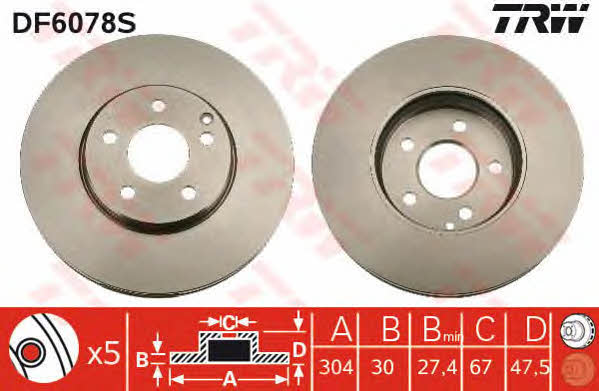 Front brake disc ventilated TRW DF6078S