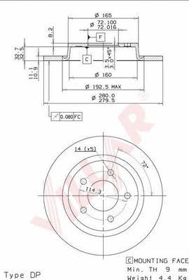 Villar 628.2044 Rear brake disc, non-ventilated 6282044