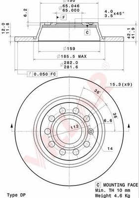 Villar 628.2065 Rear brake disc, non-ventilated 6282065