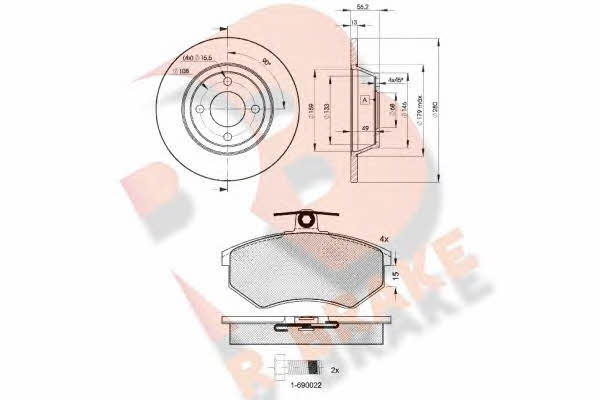 R Brake 3R08358014 Brake discs with pads front non-ventilated, set 3R08358014