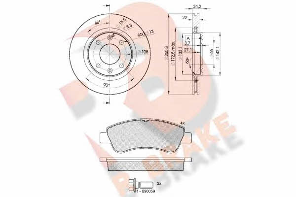 R Brake 3R13884750 Front ventilated brake discs with pads, set 3R13884750