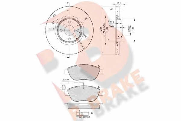 R Brake 3R14400356 Front ventilated brake discs with pads, set 3R14400356