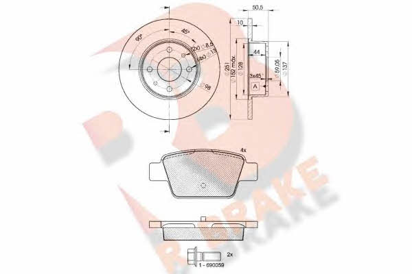 R Brake 3R15034070 Brake discs with pads rear non-ventilated, set 3R15034070